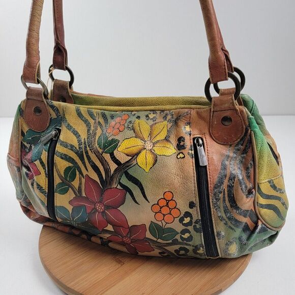 Anna Anuschka Butterfly Painted Leather Shoulder Tote Bag Satchel Purse Handbag - Picture 2 of 16